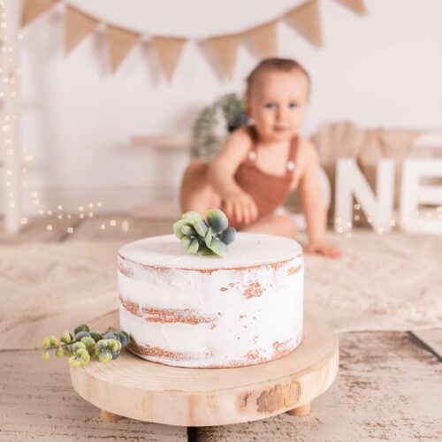 Séance smash the cake pour l'anniversaire d'un bébé au studio photo, décoration naturelle et douce, photographie d'enfant dans le Calvados