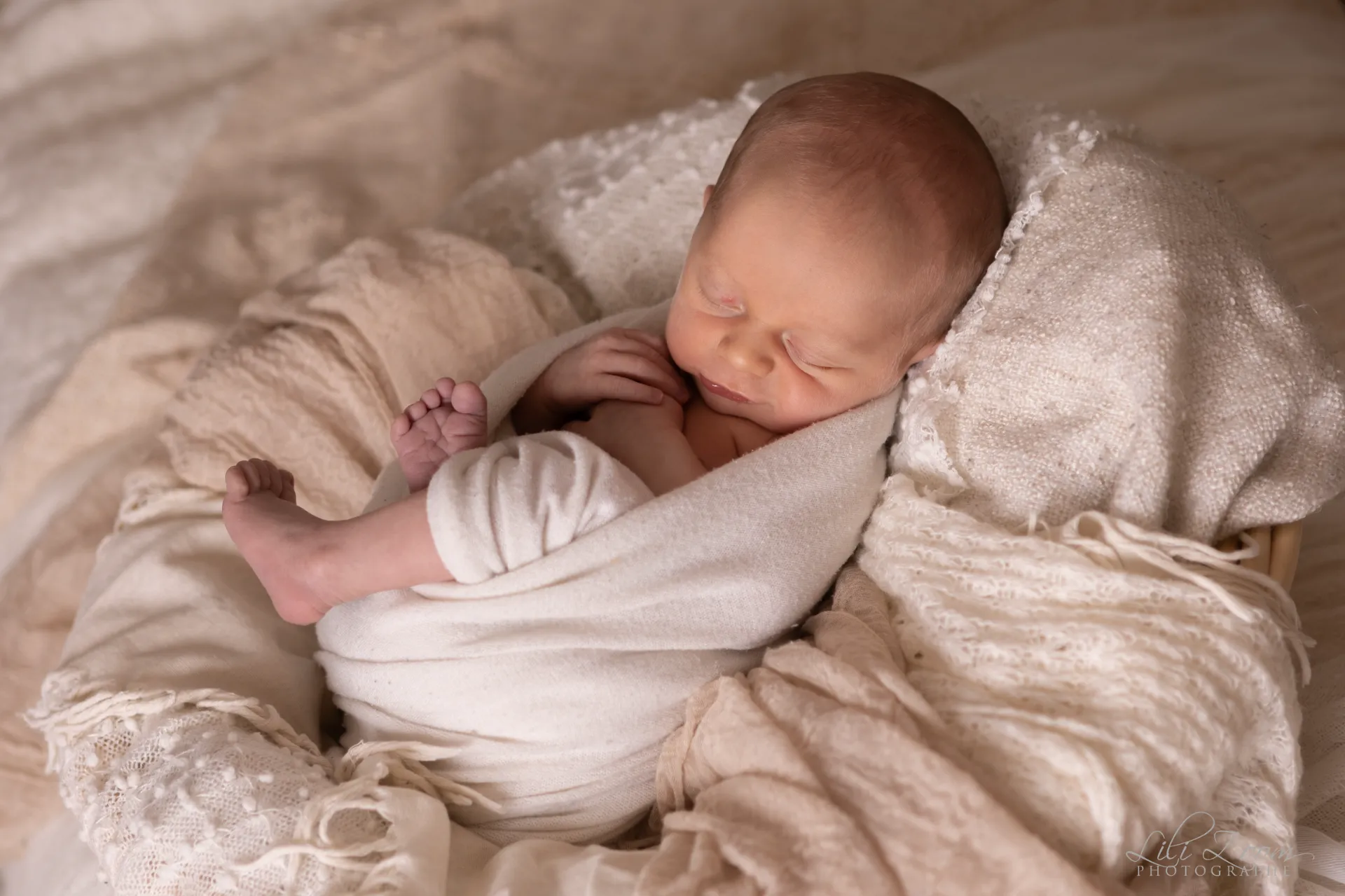 Nouveau-né paisiblement endormi dans un cocon de tissus doux et texturés aux tons crème - Photographe Naissance proche de Colombelles