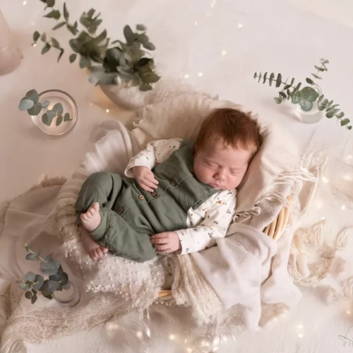 Nouveau-né paisible endormi dans un petit panier entouré d'eucalyptus et de douces lumières scintillantes - Photographe Naissance proche de Colombelles