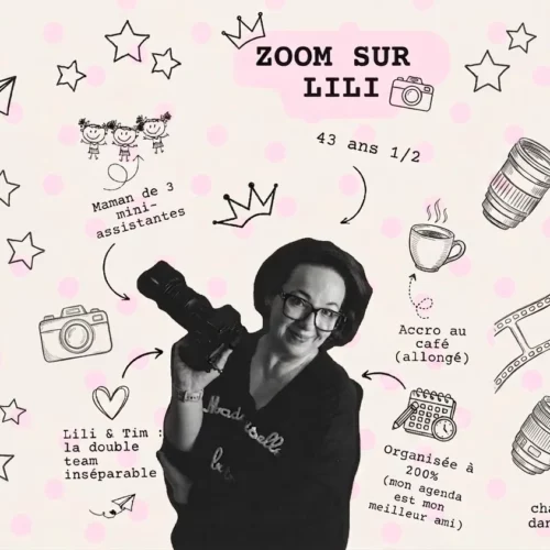 Portrait créatif et souriant de la photographe Lili Zoom avec son appareil photo dans un univers graphique doux - Photographe Famille à Caen
