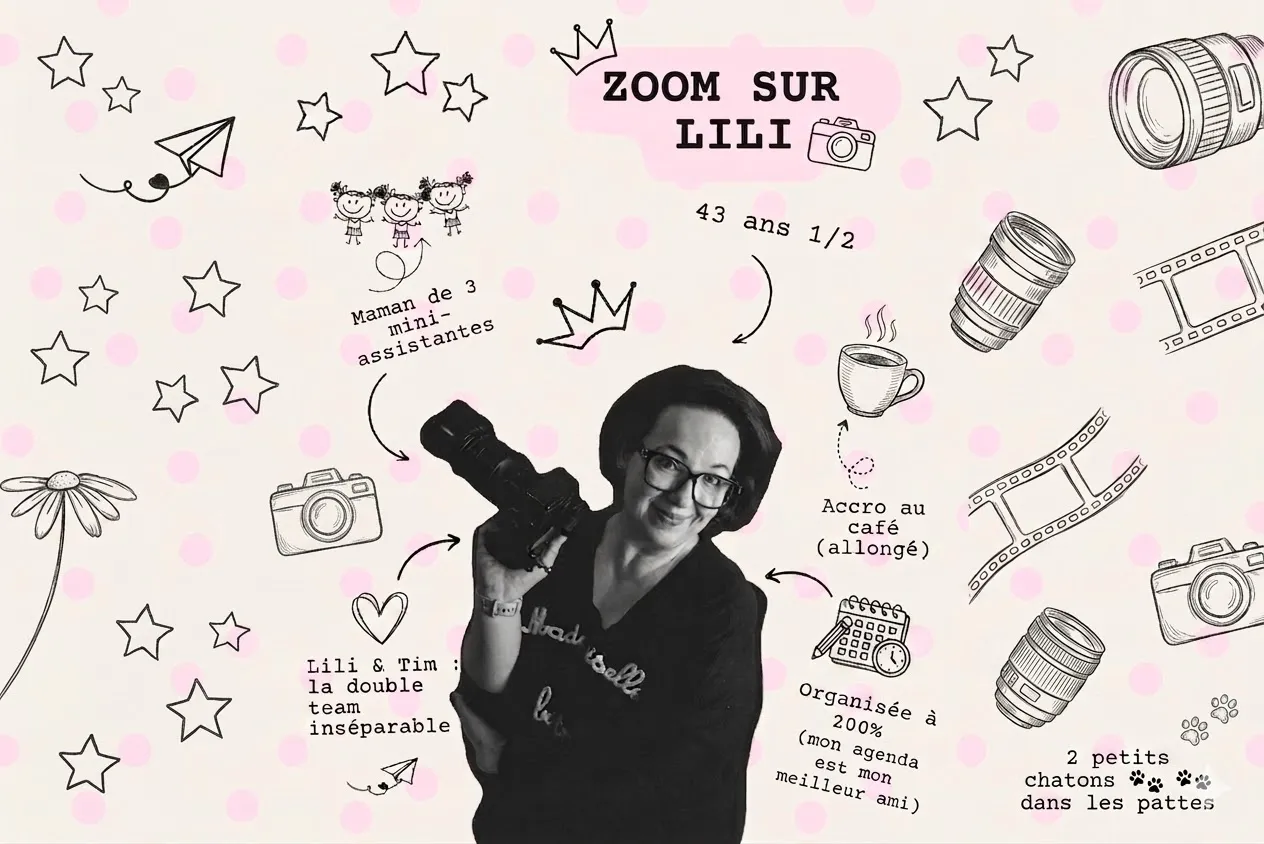 Portrait créatif et souriant de la photographe Lili Zoom avec son appareil photo dans un univers graphique doux - Photographe Famille à Caen