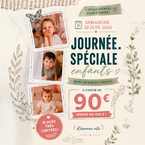 Affiche promotionnelle pour une journée de mini-séances photo avec trois portraits d'enfants - Photographe enfant studio Mondeville