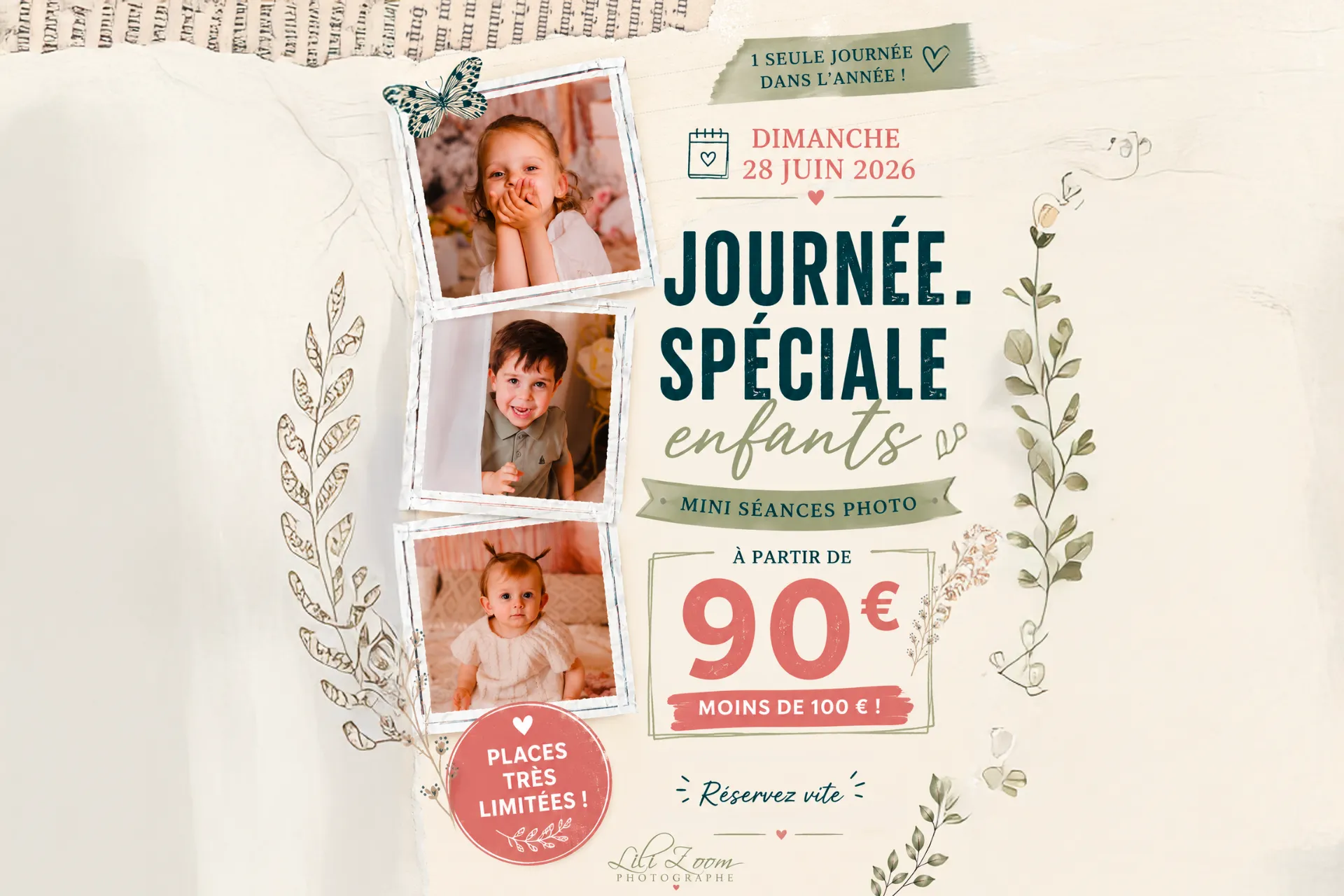 Affiche promotionnelle pour une journée de mini-séances photo avec trois portraits d'enfants - Photographe enfant studio Mondeville