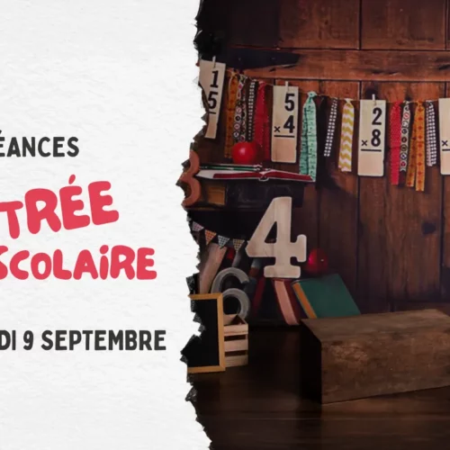 Décor de studio sur le thème de l'école avec chiffres, globe terrestre et ardoise - Photographe enfant Ifs