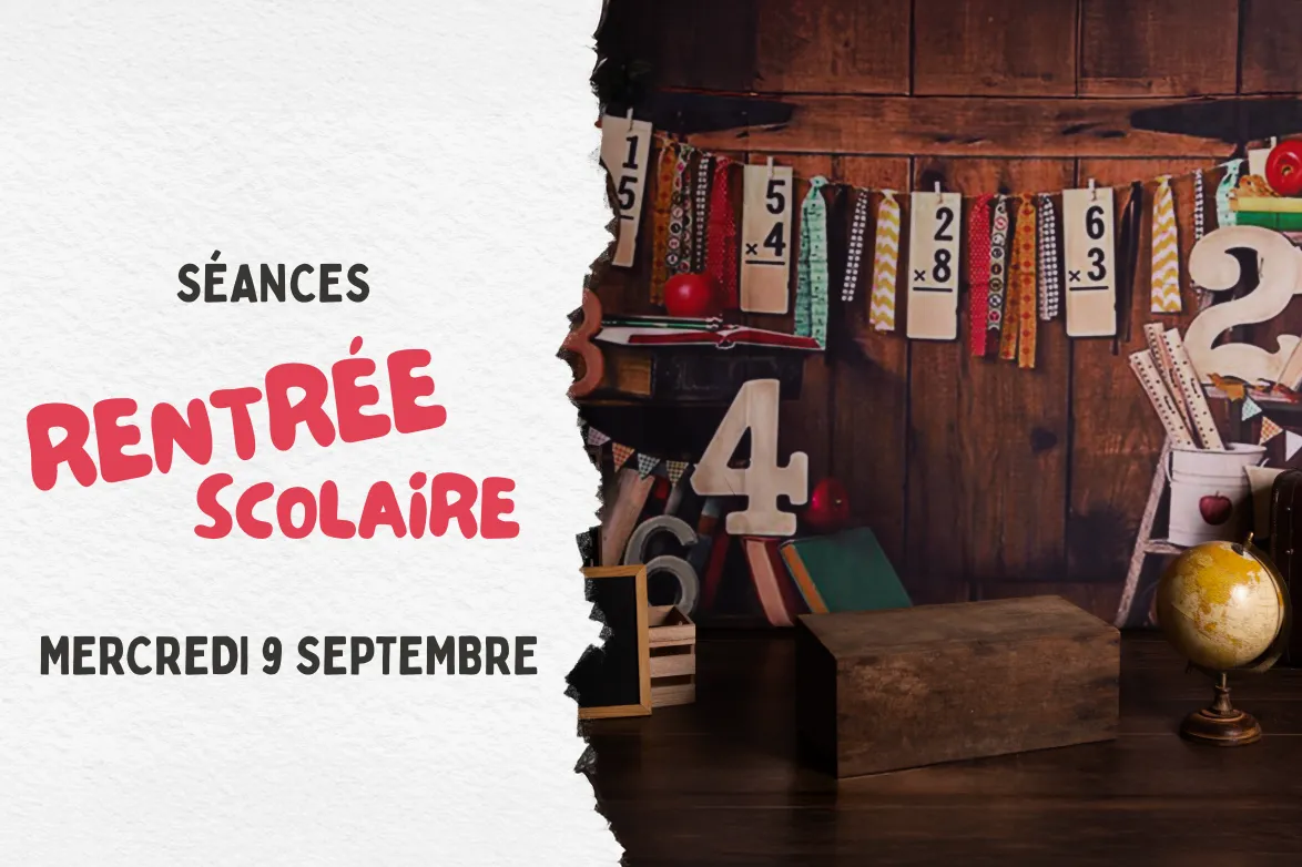 Décor de studio sur le thème de l'école avec chiffres, globe terrestre et ardoise - Photographe enfant Ifs