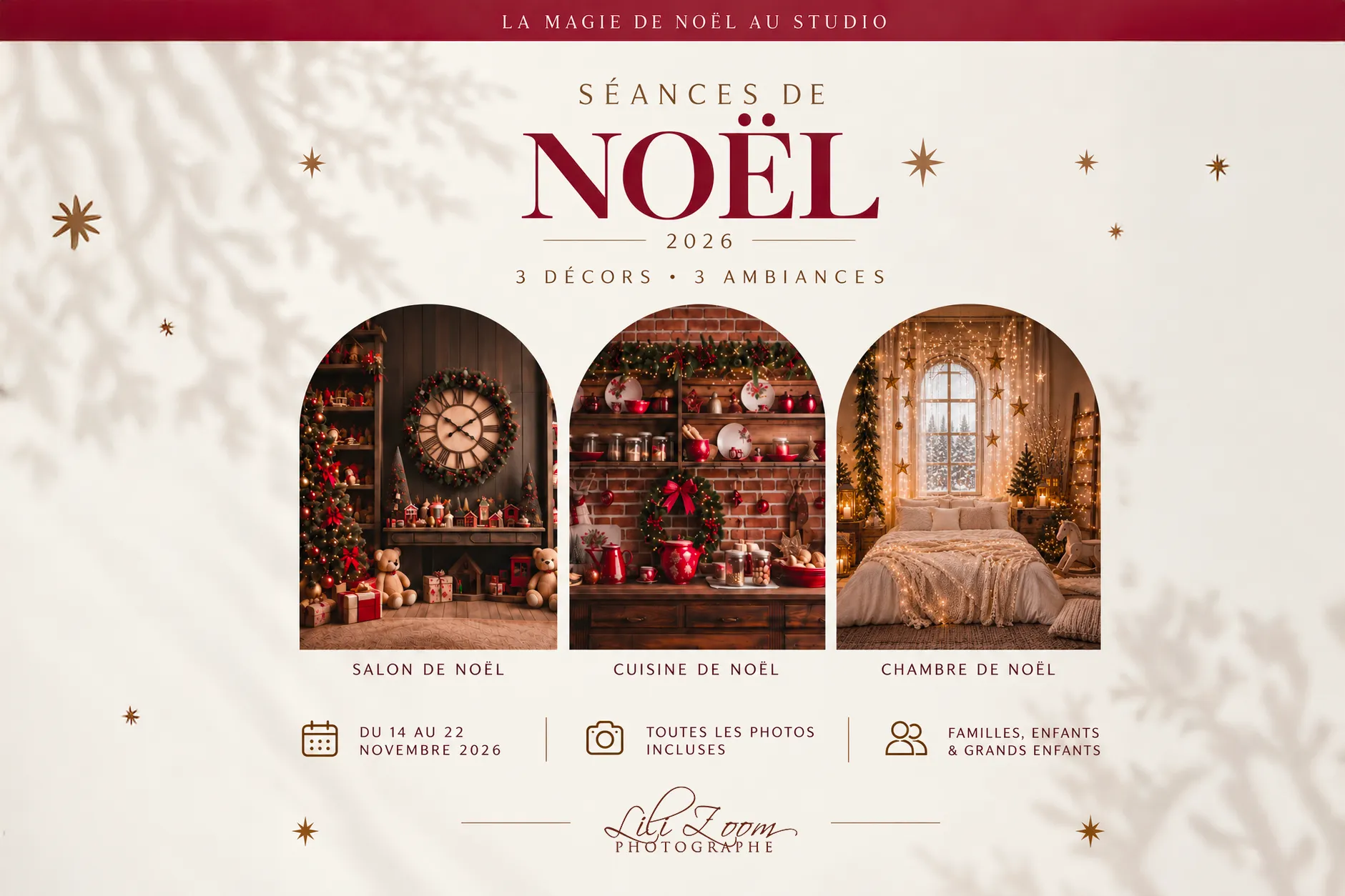 Affiche promotionnelle présentant trois décors de Noël en studio avec salon, cuisine et chambre décorés - Photographe enfant famille Cuverville