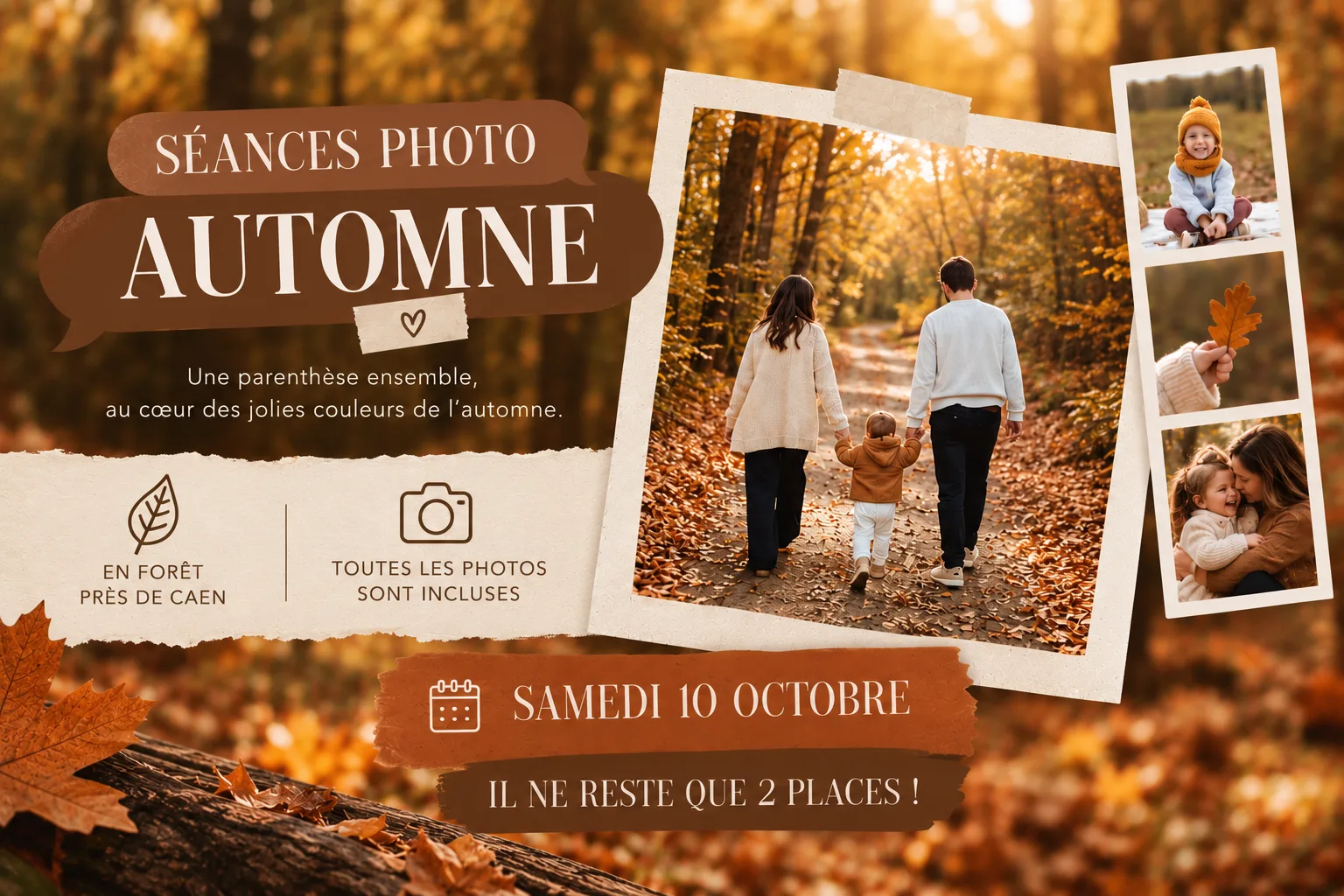Affiche de séances photo d’automne avec un fond de forêt aux tons orangés, SÉANCES PHOTO AUTOMNE, une photo centrale d’une famille marchant sur un chemin boisé, et trois petites photos d’enfants et de feuilles sur la droite.