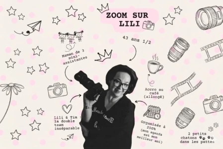 Portrait créatif et souriant de la photographe Lili Zoom avec son appareil photo dans un univers graphique doux - Photographe Famille à Caen Portrait créatif et souriant de la photographe Lili Zoom avec son appareil photo dans un univers graphique doux - Photographe Famille à Caen