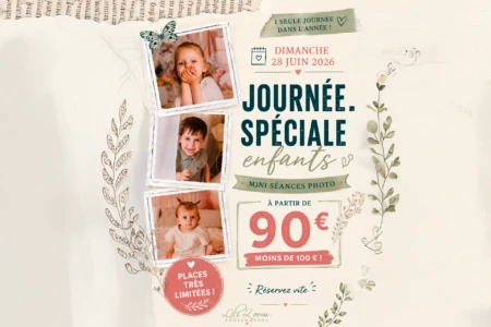 Affiche promotionnelle pour une journée de mini-séances photo avec trois portraits d'enfants - Photographe enfant studio Mondeville Affiche promotionnelle pour une journée de mini-séances photo avec trois portraits d'enfants - Photographe enfant studio Mondeville